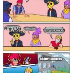 Brawl Stars Boardroom Meeting Suggestion | YOU SUCK; LETS EAT; Ima dumb man; You guys are shi; GOOBYE SUCKERS | image tagged in brawl stars boardroom meeting suggestion | made w/ Imgflip meme maker