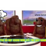Monkey where | ? WHEN YOU DO NOT KNOW WHO ATE THE LAST BANANA | image tagged in monkey where | made w/ Imgflip meme maker