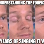 Foreign lyrics | FINALLY UNDERSTANDING THE FOREIGN LYRICS; AFTER YEARS OF SINGING IT WRONG | image tagged in white guy blinking | made w/ Imgflip meme maker