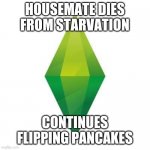 Sims logic | HOUSEMATE DIES FROM STARVATION; CONTINUES FLIPPING PANCAKES | image tagged in sims logic | made w/ Imgflip meme maker