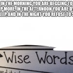 Sleep | IN THE MORNING YOU ARE BEGGING TO SLEEP MORE, IN THE AFTERNOON YOU ARE DYING TO SLEEP, AND IN THE NIGHT YOU REFUSE TO SLEEP. | image tagged in wise words,funny | made w/ Imgflip meme maker