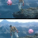 Kazuya throwing Kirby off a cliff. meme
