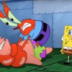 Mr Krabs choking Patrick and Spongebob on the side