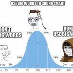 Use big words to sound smart | USE BIG WORDS TO SOUND SMART; DON'T USE BIG WORDS; DON'T USE BIG WORDS | image tagged in midwit | made w/ Imgflip meme maker