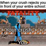 ... | When your crush rejects you in front of your entire school:; Your crush; You | image tagged in fatality | made w/ Imgflip meme maker