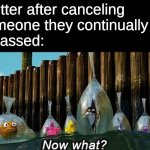 Sometimes Cancel Culture has no real plan | Twitter after canceling 
someone they continually 
harassed: | image tagged in now what,cancel culture,twitter | made w/ Imgflip meme maker