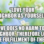 Love your neighbor | “LOVE YOUR NEIGHBOR AS YOURSELF.”; LOVE DOES NO HARM TO A NEIGHBOR. THEREFORE LOVE IS THE FULFILLMENT OF THE LAW. | image tagged in flowers | made w/ Imgflip meme maker