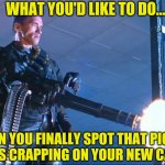 Birds and car hoods.....mortal enemies | WHAT YOU'D LIKE TO DO... WHEN YOU FINALLY SPOT THAT PIGEON THAT KEEPS CRAPPING ON YOUR NEW CAR'S HOOD | image tagged in terminator minigun arnold schwarzenegger,birds,poop | made w/ Imgflip meme maker