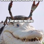Crab on Crocodile | POV: YOU JUST INSULTED THE KID WITH A BROTHER IN HIGH SCHOOL; SUP MOTHER FRICKERS | image tagged in crab on crocodile | made w/ Imgflip meme maker