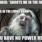you have no power here | MURDER: *SHOOTS ME IN THE FACE *; ME: IS IN THE LIVING ROOM | image tagged in you have no power here | made w/ Imgflip meme maker