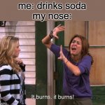it burrrrns | me: drinks soda
my nose: | image tagged in it burns it burns | made w/ Imgflip meme maker