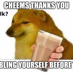 doge choccy milk | CHEEMS THANKS YOU FOR HUMBLING YOURSELF BEFORE THE LORD | image tagged in doge choccy milk | made w/ Imgflip meme maker