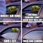 Kermit Car Window | AND MAKE SOMEONE I DON'T KNOW VERY WELL CRY; WHEN I AM RUDE; THEIR DAD COMING; AND I SEE | image tagged in kermit car window | made w/ Imgflip meme maker