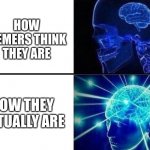 Small brain meme | HOW MEMERS THINK THEY ARE; HOW THEY ACTUALLY ARE | image tagged in small brain meme | made w/ Imgflip meme maker