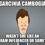 Butthead | GARCINIA CAMBOGIA; WASN’T SHE LIKE AN INSTAGRAM INFLUENCER OR SOMETHING? | image tagged in butthead | made w/ Imgflip meme maker