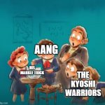 Airbending master | AANG; THE KYOSHI WARRIORS; HIS MARBLE TRICK | image tagged in shocked class | made w/ Imgflip meme maker