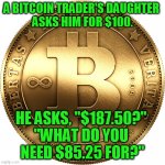 Volatility.  Lame, yet funny. | A BITCOIN TRADER'S DAUGHTER 
ASKS HIM FOR $100. HE ASKS, "$187.50?" 
"WHAT DO YOU 
NEED $85.25 FOR?" | image tagged in bitcoin,jokes | made w/ Imgflip meme maker