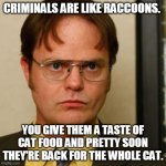 Dwight fact | CRIMINALS ARE LIKE RACCOONS. YOU GIVE THEM A TASTE OF CAT FOOD AND PRETTY SOON THEY'RE BACK FOR THE WHOLE CAT. | image tagged in dwight fact | made w/ Imgflip meme maker