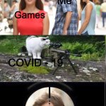 Tru tho | School; Me; Games; COVID - 19; Me | image tagged in cat snipes distracted boyfriend | made w/ Imgflip meme maker
