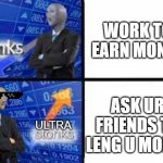 ye | WORK TO EARN MONEY; ASK UR FRIENDS TO LENG U MONEY; ULTRA | image tagged in stonks | made w/ Imgflip meme maker