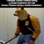 Cheems put that pipe down... | Therapist: Human Cheems having a mental breakdown isn't real
Human Cheems having a mental breakdown : | image tagged in cheem human,memes,funny,fun,what,therapist | made w/ Imgflip meme maker