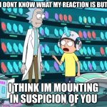mounting in suspicion | I DONT KNOW WHAT MY REACTION IS BUT; I THINK IM MOUNTING IN SUSPICION OF YOU | image tagged in suspicion,rick and morty,sus,bullshit | made w/ Imgflip meme maker
