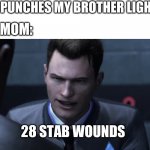 28 stab wounds | ME: PUNCHES MY BROTHER LIGHTLY; MY MOM:; 28 STAB WOUNDS | image tagged in 28 stab wounds | made w/ Imgflip meme maker