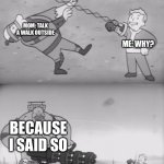 Moms you know them | MOM: TALK A WALK OUTSIDE; ME: WHY? BECAUSE I SAID SO | image tagged in fallout boi,funny | made w/ Imgflip meme maker