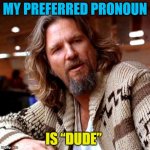 I'm The Dude | MY PREFERRED PRONOUN IS “DUDE” | image tagged in memes,confused lebowski,the dude | made w/ Imgflip meme maker
