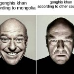 rfgy | genghis khan according to other countries; genghis khan according to mongolia | image tagged in guy smiling then frowning,memes | made w/ Imgflip meme maker
