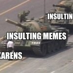 does anyone actually care about karens | INSULTING MEMES; INSULTING MEMES; KARENS | image tagged in tiananmen square tank man | made w/ Imgflip meme maker