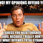 You tell em Kirk! | OH NO! MY OPINIONS OFFEND YOU? I GUESS YOU NEED TOUGHER EARS, BECAUSE I REALLY DON'T CARE WHAT OFFENDS TOTAL STRANGERS! | image tagged in offended william shatner | made w/ Imgflip meme maker