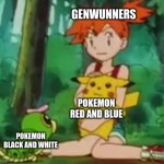 Misty's Fear of Bug Types | GENWUNNERS; POKEMON RED AND BLUE; POKEMON BLACK AND WHITE | image tagged in misty's fear of bug types | made w/ Imgflip meme maker
