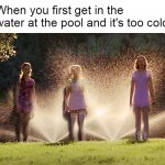 Cokie and Friends Soaked by Sprinklers | When you first get in the water at the pool and it's too cold | image tagged in cokie and friends soaked by sprinklers,memes,cold,pool,water | made w/ Imgflip meme maker