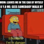 Are the doors all locked??!!?? | MOM: LEAVES ME IN THE CAR BY MYSELF; 8 Y.O ME: SEES SOMEBODY WALK BY | image tagged in i am in danger | made w/ Imgflip meme maker