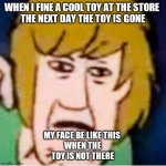 Shaggy | WHEN I FINE A COOL TOY AT THE STORE 


THE NEXT DAY THE TOY IS GONE; MY FACE BE LIKE THIS 

WHEN THE TOY IS NOT THERE | image tagged in shaggy | made w/ Imgflip meme maker