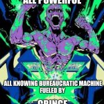 Power | I AM THE ALL POWERFUL; ALL KNOWING BUREAUCRATIC MACHINE
FUELED BY; CRINGE | image tagged in power | made w/ Imgflip meme maker