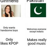 That's the spirit, Grape | Pakistan; Girlfriend; Only wants handsome boys; Welcomes everyone except Indians; Only likes KPOP; Makes really good music; Just chooses to live and die for another country than to live and die for her own country; "To Sacrifice my own life for Pakistan" | image tagged in memes,know the difference,girlfriend,pakistan,kpop,pledge | made w/ Imgflip meme maker