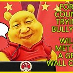 Xi Jinping warns foreign countries trying to ‘bully’ China will be met with a ‘great wall of steel’ | FOREIGN COUNTRIES TRYING TO BULLY CHINA; WILL BE MET WITH A GREAT WALL OF STEEL | image tagged in winnie the pooh china | made w/ Imgflip meme maker