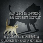 kayaks | my dad is getting an aircraft carrier; my dad is modifying a kayak to carry drones | image tagged in lion shadow | made w/ Imgflip meme maker