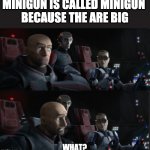 what | MINIGUN IS CALLED MINIGUN 
BECAUSE THE ARE BIG | image tagged in what,fact,meme | made w/ Imgflip meme maker