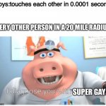 I diagnose you with gay | Boys:touches each other in 0.0001 second; EVERY OTHER PERSON IN A 20 MILE RADIUS; SUPER GAY | image tagged in i diagnose you with gay | made w/ Imgflip meme maker