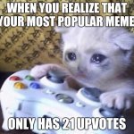 Crying cat xbox | WHEN YOU REALIZE THAT YOUR MOST POPULAR MEME; ONLY HAS 21 UPVOTES | image tagged in crying cat xbox | made w/ Imgflip meme maker