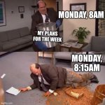 Kevin's Chili | MONDAY, 8AM; MY PLANS FOR THE WEEK; MONDAY, 8:15AM | image tagged in kevin's chili,plans,monday | made w/ Imgflip meme maker