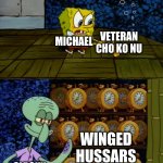 aoe choose your own adventure meme | VETERAN CHO KO NU; MICHAEL; WINGED HUSSARS; CLROUX THE BLEACH | image tagged in squidward's clock closet,age of empires 3,michaelrosen65,clorox | made w/ Imgflip meme maker