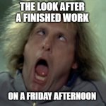 Scary Harry | THE LOOK AFTER A FINISHED WORK ON A FRIDAY AFTERNOON | image tagged in memes,scary harry | made w/ Imgflip meme maker