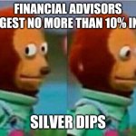 Teddy bear look away | FINANCIAL ADVISORS SUGGEST NO MORE THAN 10% IN PM; SILVER DIPS | image tagged in teddy bear look away | made w/ Imgflip meme maker