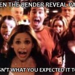 Gender Reveal Parties | WHEN THE GENDER REVEAL PARTY; WASN'T WHAT YOU EXPECTED IT TO BE | image tagged in buffy,beware,gender reveal,adults | made w/ Imgflip meme maker