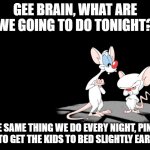 Pinky and the Brain Parenting Meme | GEE BRAIN, WHAT ARE WE GOING TO DO TONIGHT? THE SAME THING WE DO EVERY NIGHT, PINKY. TRY TO GET THE KIDS TO BED SLIGHTLY EARLIER! | image tagged in pinky and the brain | made w/ Imgflip meme maker