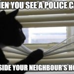 cat looking through window | WHEN YOU SEE A POLICE CAR; OUTSIDE YOUR NEIGHBOUR'S HOUSE | image tagged in cat looking through window | made w/ Imgflip meme maker